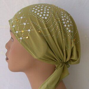 GREEN Pre-Tied Stud Chemo Cap Slip On Bonnet Hijab Undercap #1